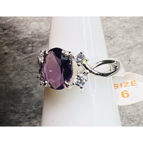 Ring Bomb Party Ring, size 6,purple main stone, CZ style accents, silver color b - Picture 3 of 5
